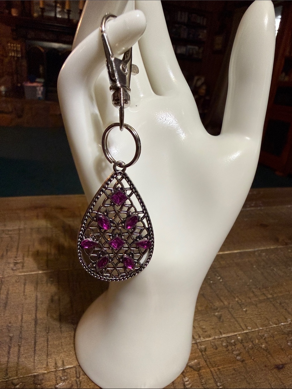 Teardrop Filigree Keychain with Pink Gem Accents